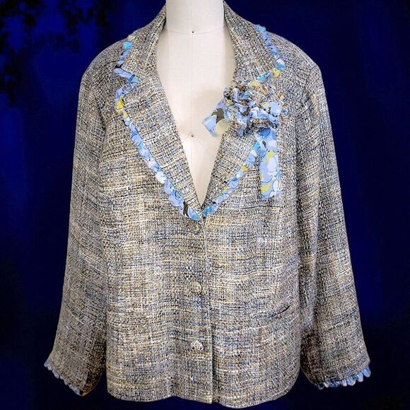 Meadow Bloom floral ivory pale blue Tweed plus size Jacket blazer - Picture 1 of 7